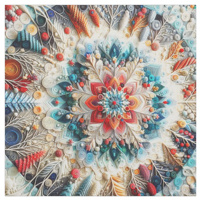 3D Embroidered Look Winter Mandala Kaleidoscope Fabric (Swatch)