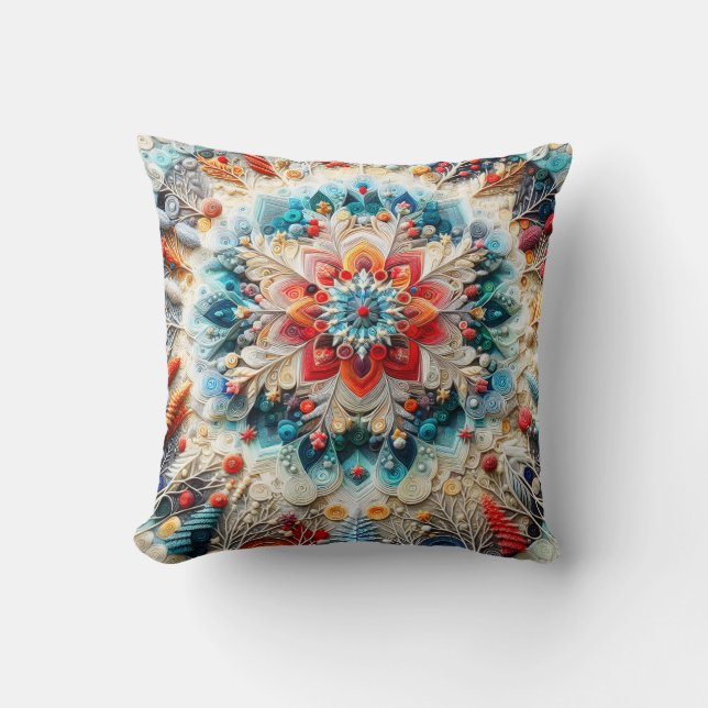 3D Embroidered Look Winter Mandala Kaleidoscope Throw Pillow (Front)