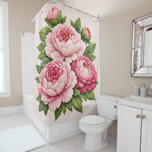 3D Embroidered Peonies Illustration Shower Curtain