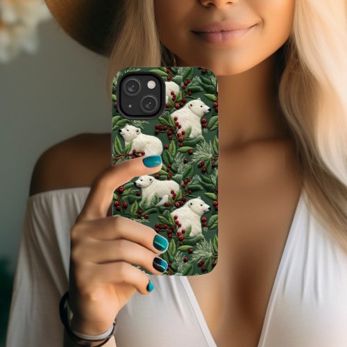 3D Embroidery Effect Christmas Polar Bears Holly iPhone 15 Pro Case