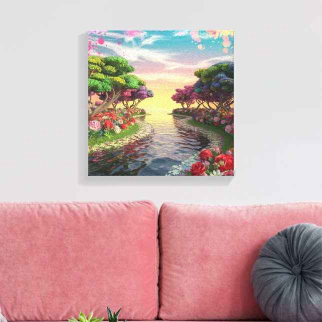 3D Fantasy Sunset Over Serene Lake with Vibrant  Canvas Print (Insitu(LivingRoom))