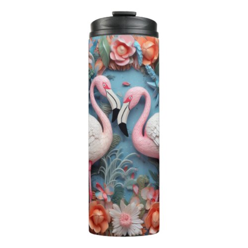 3d Flamingo with flowers Thermal Tumbler