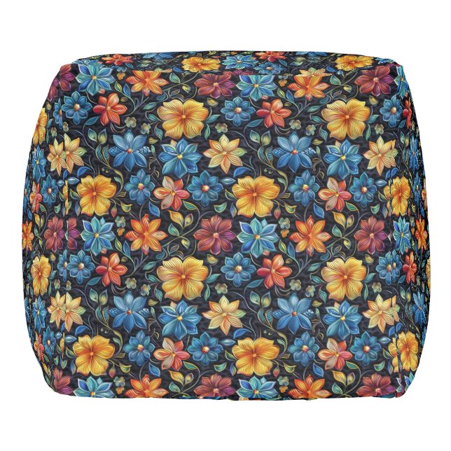 3d floral blue tapestry ottoman. pouf (Left)