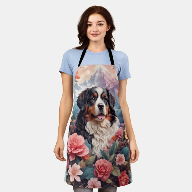 3D Floral Fantasy Bernese Mountain Dog Birds View Apron (Worn)