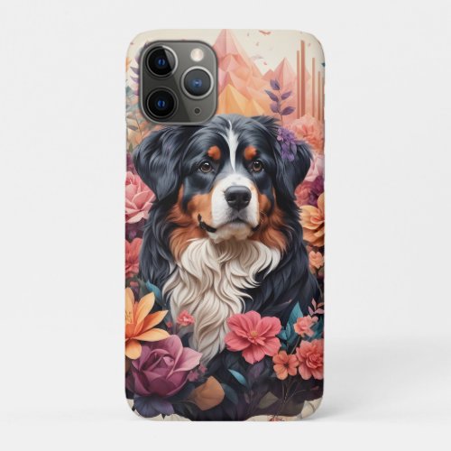 3D Floral Fantasy Bernese Mountain Dog Birds View iPhone 11 Pro Case