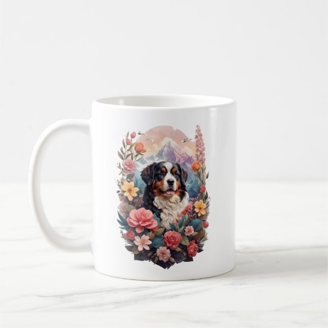 3D Floral Fantasy Bernese Mountain Dog Birds View Coffee Mug (Left)