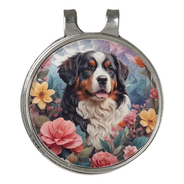 3D Floral Fantasy Bernese Mountain Dog Birds View Golf Hat Clip (Front)