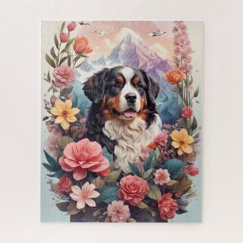 3D Floral Fantasy Bernese Mountain Dog Birds View Jigsaw Puzzle