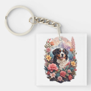 3D Floral Fantasy Bernese Mountain Dog Birds View Keychain