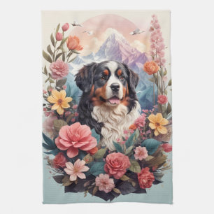 3D Floral Fantasy Bernese Mountain Dog Birds View Kitchen Towel
