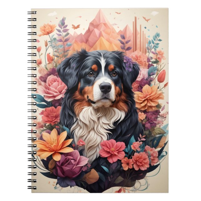 3D Floral Fantasy Bernese Mountain Dog Birds View Notebook (Front)