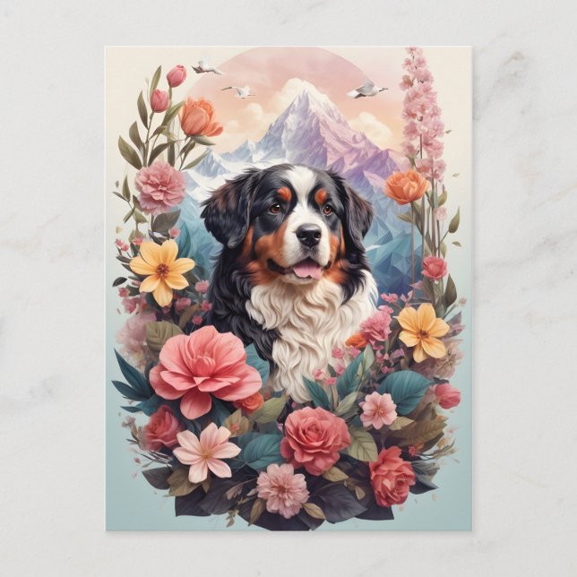 3D Floral Fantasy Bernese Mountain Dog Birds View Postcard (Front)