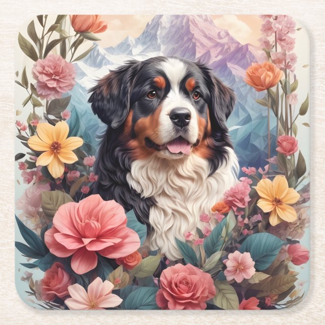 3D Floral Fantasy Bernese Mountain Dog Birds View Square Paper Coaster (Front)
