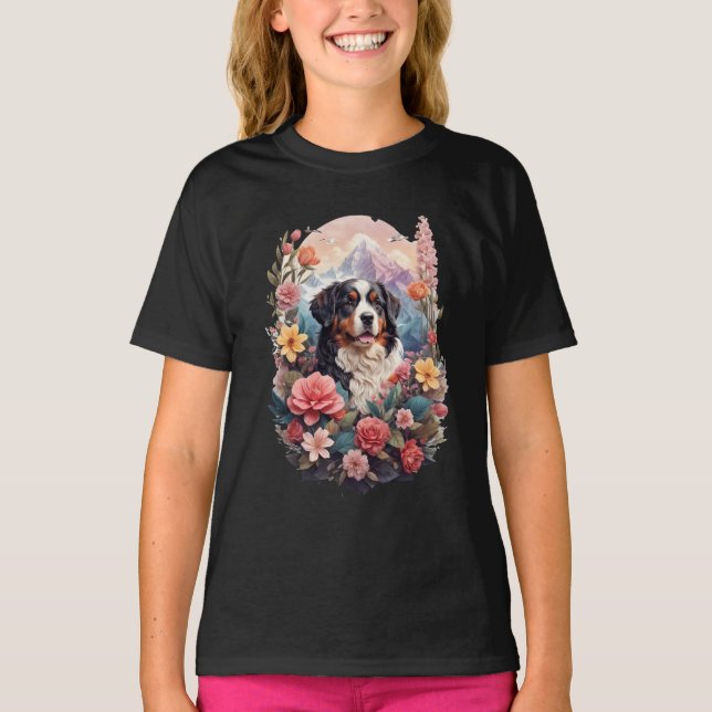 3D Floral Fantasy Bernese Mountain Dog Birds View T-Shirt (Front)
