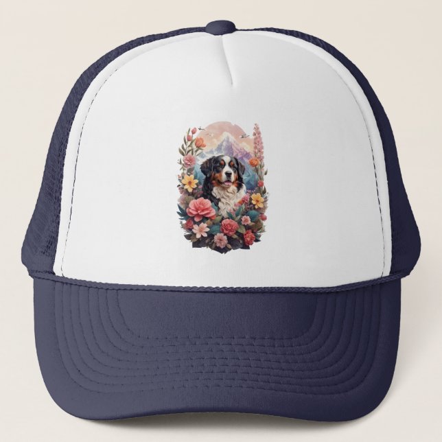 3D Floral Fantasy Bernese Mountain Dog Birds View Trucker Hat (Front)