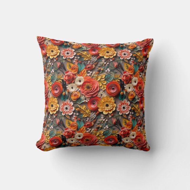 3d Floral Paper Quilling Pattern Throw Pillow (Front)
