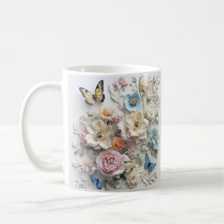 3d Floral Pattern With Vibrant Butterflies Coffee Mug