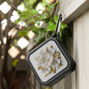 3d floral sculpted white flowers and gold leaves bluetooth speaker