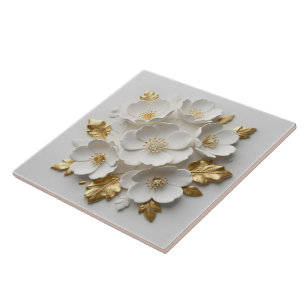 3d floral sculpted white flowers and gold leaves ceramic tile