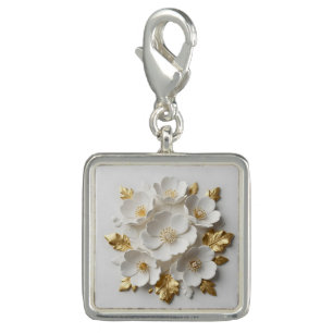 3d floral sculpted white flowers and gold leaves charm