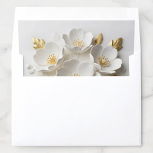 3d floral sculpted white flowers and gold leaves envelope liner