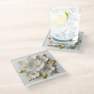 3d floral sculpted white flowers and gold leaves glass coaster