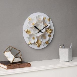 3d floral sculpted white flowers and gold leaves large clock