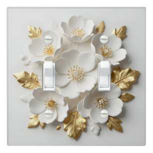 3d floral sculpted white flowers and gold leaves light switch cover