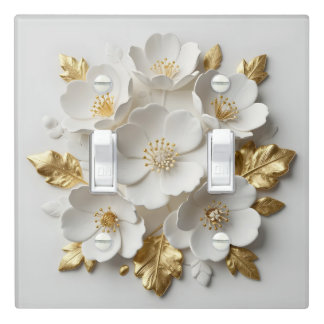 3d floral sculpted white flowers and gold leaves light switch cover