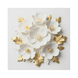 3d floral sculpted white flowers and gold leaves metal print