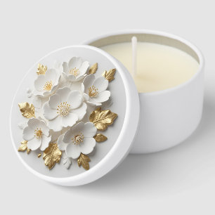 3d floral sculpted white flowers and gold leaves mini candle favors