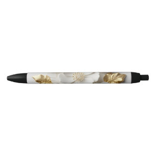 3d floral sculpted white flowers and gold leaves pen