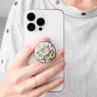 3d floral sculpted white flowers and gold leaves PopSocket