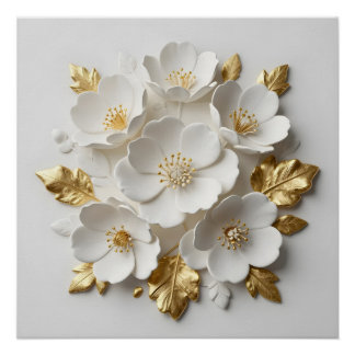 3d floral sculpted white flowers and gold leaves poster