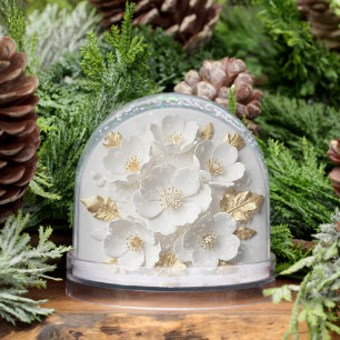 3d floral sculpted white flowers and gold leaves snow globe