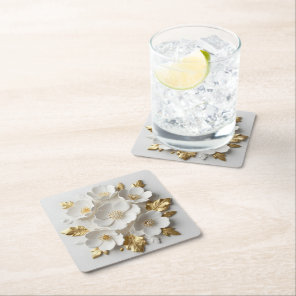3d floral sculpted white flowers and gold leaves square paper coaster