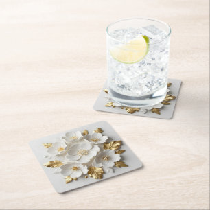 3d floral sculpted white flowers and gold leaves square paper coaster