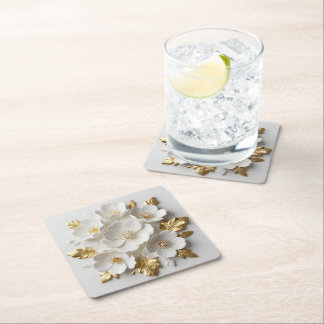 3d floral sculpted white flowers and gold leaves square paper coaster