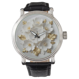3d floral sculpted white flowers and gold leaves watch