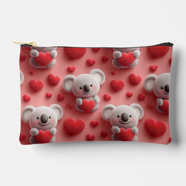 3D Fluffy Koala and Heart Seamless Pattern Accessory Pouch (Front)