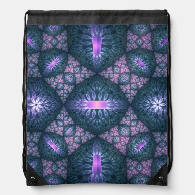 3D Fractal Art Abstract Pattern Blue Purple Pink Drawstring Bag (Front)