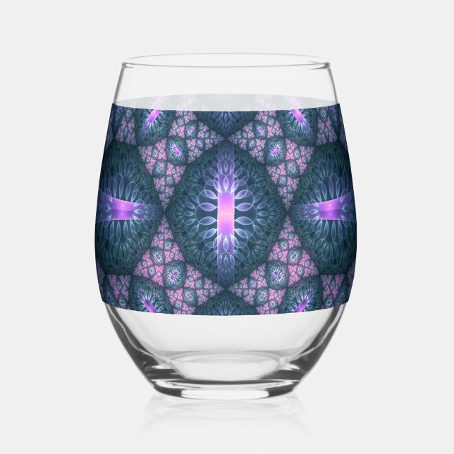 3D Fractal Art Abstract Pattern Blue Purple Pink Stemless Wine Glass (Front)