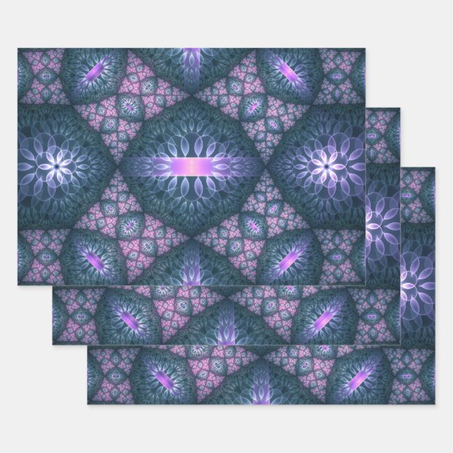 3D Fractal Art Abstract Pattern Blue Purple Pink Wrapping Paper Sheets (Set)