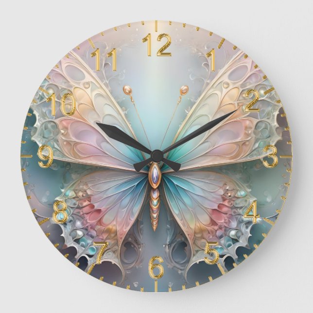 3D Fractal Art Pastel Butterfly, Lge Wall Clock (Front)