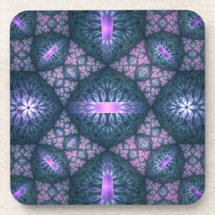 3D Fractal Art Pattern Turquoise Purple Pink Beverage Coaster