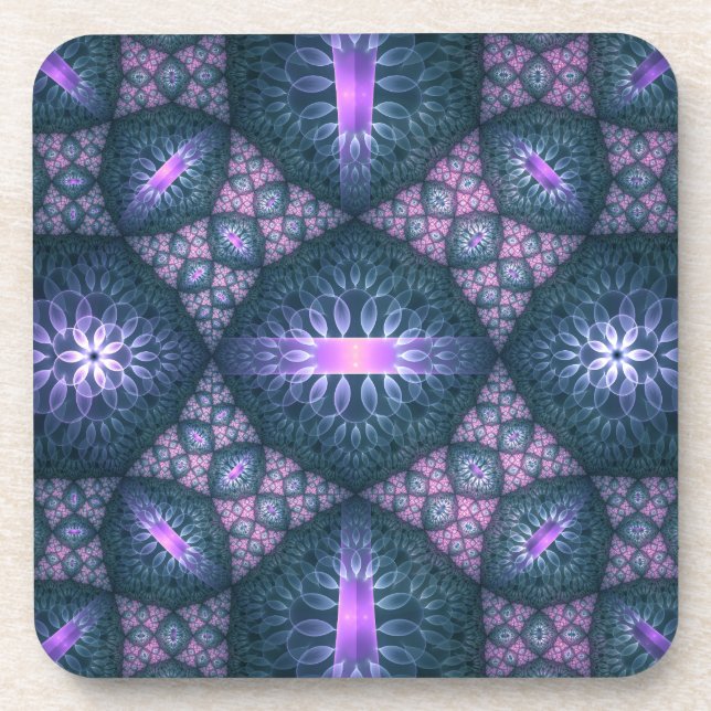 3D Fractal Art Pattern Turquoise Purple Pink Beverage Coaster (Front)