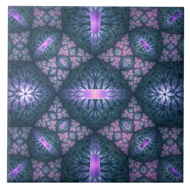 3D Fractal Art Pattern Turquoise Purple Pink Ceramic Tile (Front)