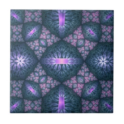 3D Fractal Art Pattern Turquoise Purple Pink Ceramic Tile