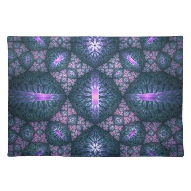 3D Fractal Art Pattern Turquoise Purple Pink Cloth Placemat (Front)
