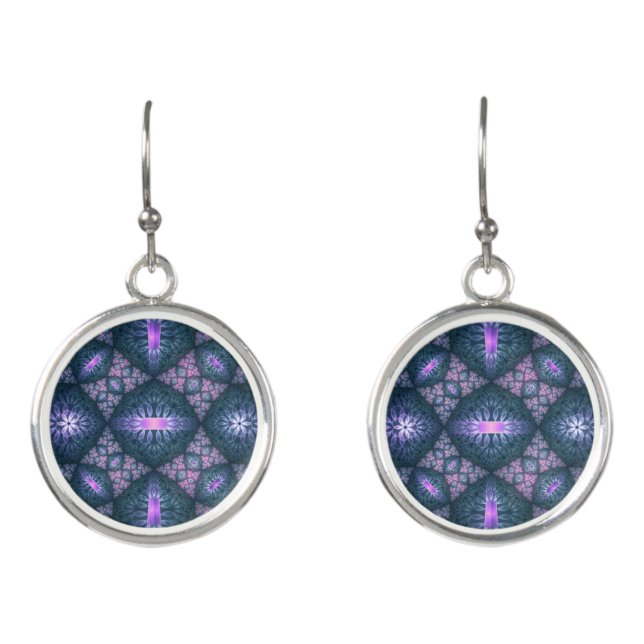 3D Fractal Art Pattern Turquoise Purple Pink Earrings (Front)